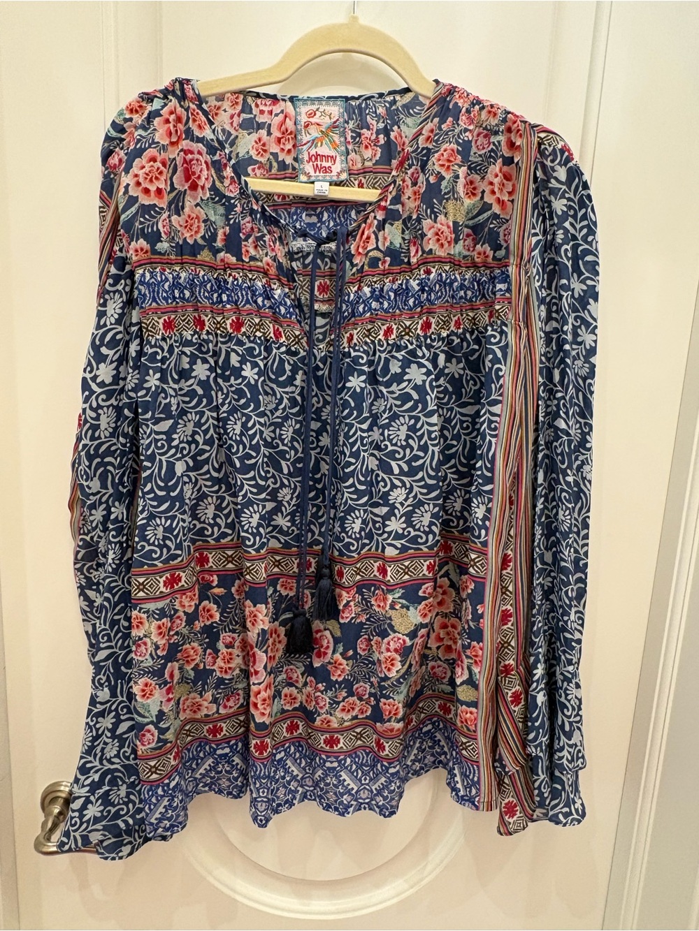Johnny Was Navy Floral Tie-Neck Boho Blouse with Pink Accents